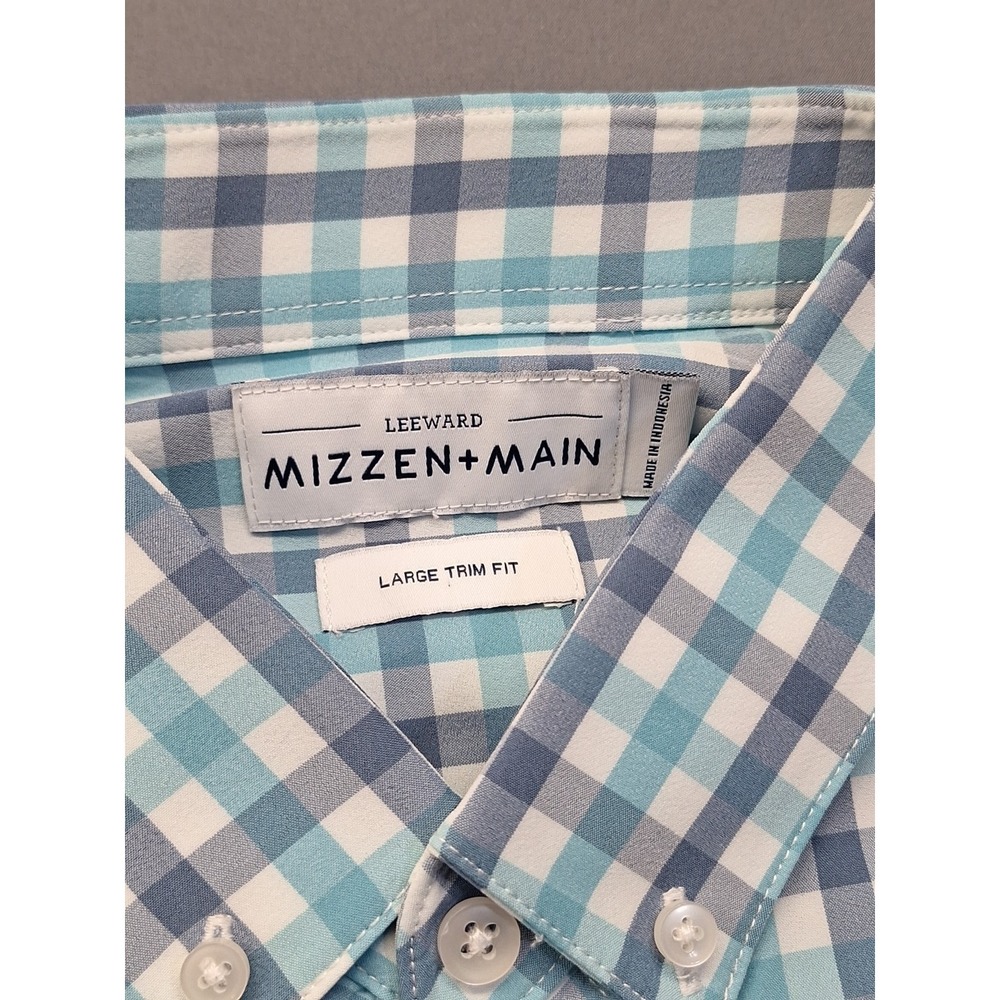 Mizzen‎ + Main Leeward Men's Large Trim Fit Aqua Grey White Check  Button Down - Picture 2 of 10